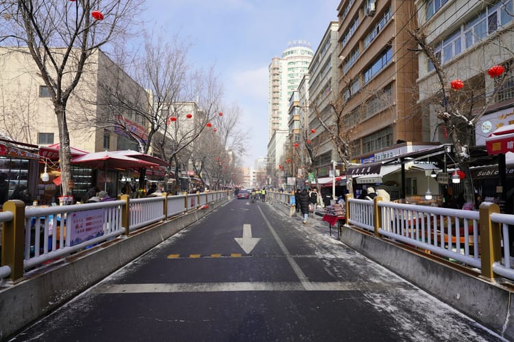 Snowy street with buildings and bare trees